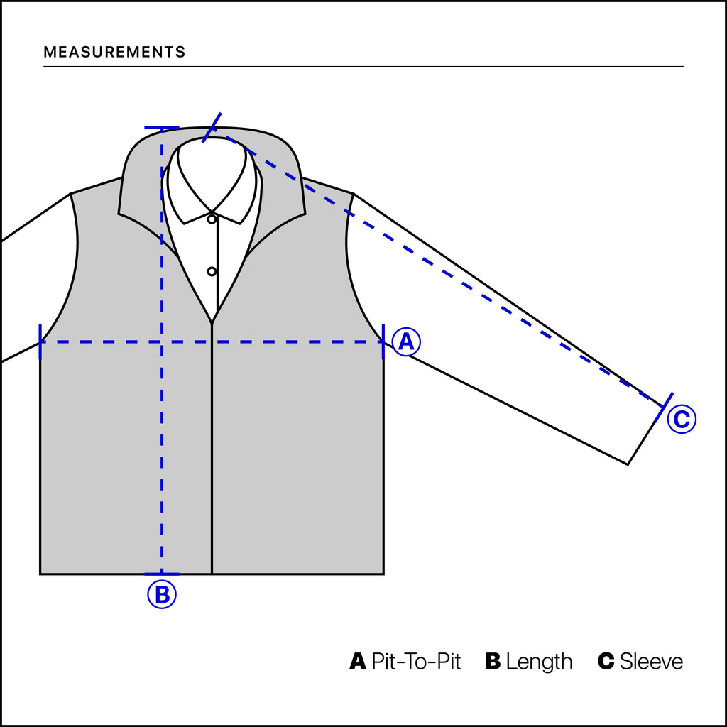 Measurement chart for a jacket with labeled parts on a white background