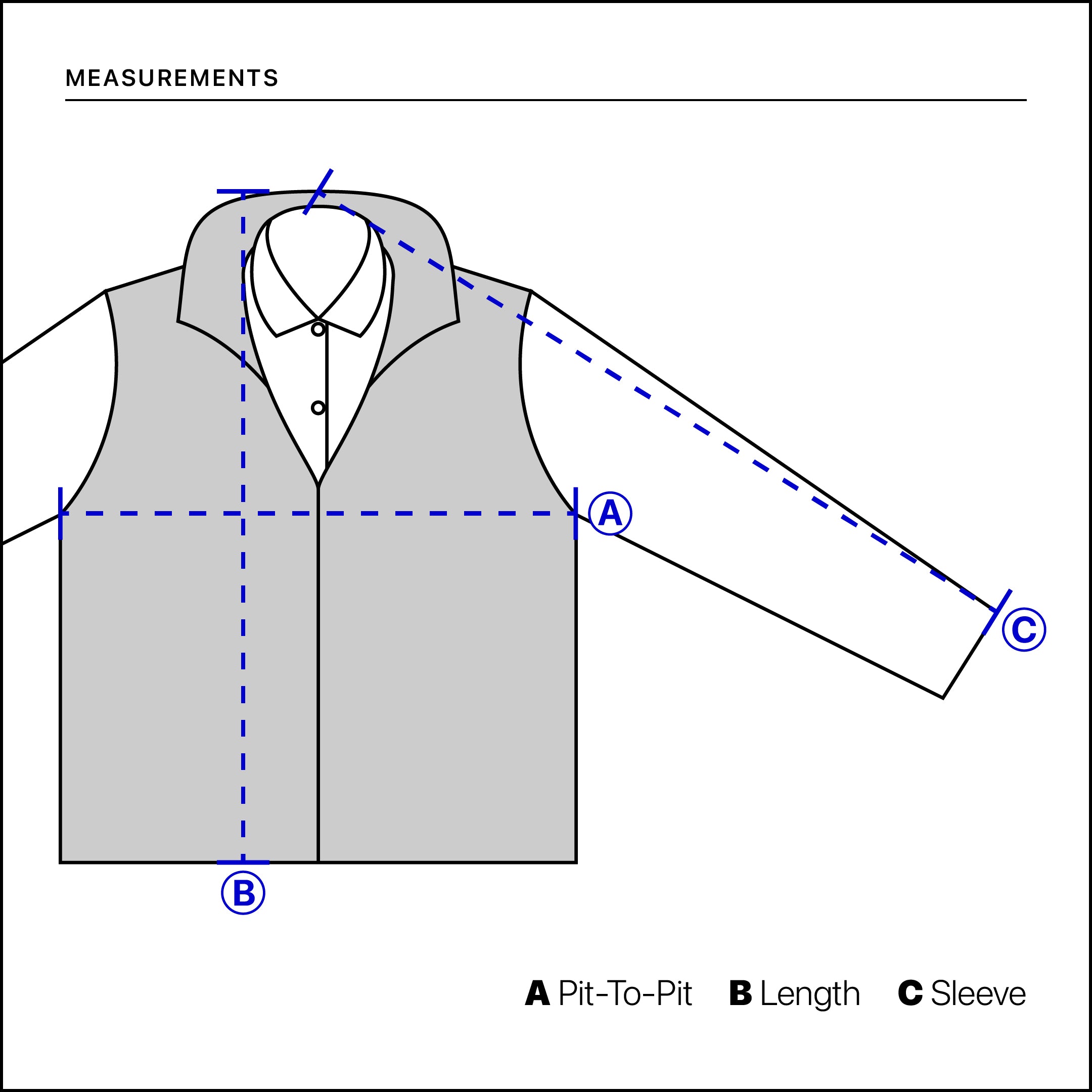 Measurement chart for a jacket with labeled parts on a white background